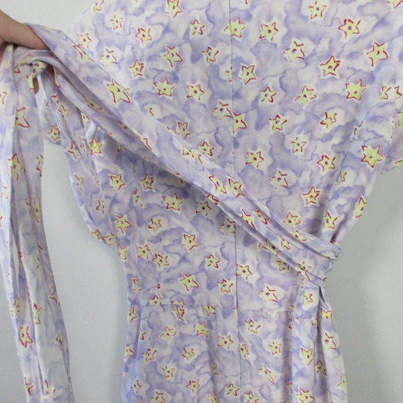 Escada 100% Silk Wrap Dress 38 US M Star Print Purple Tie Short Sleeve Midi 290 - Picture 9 of 11